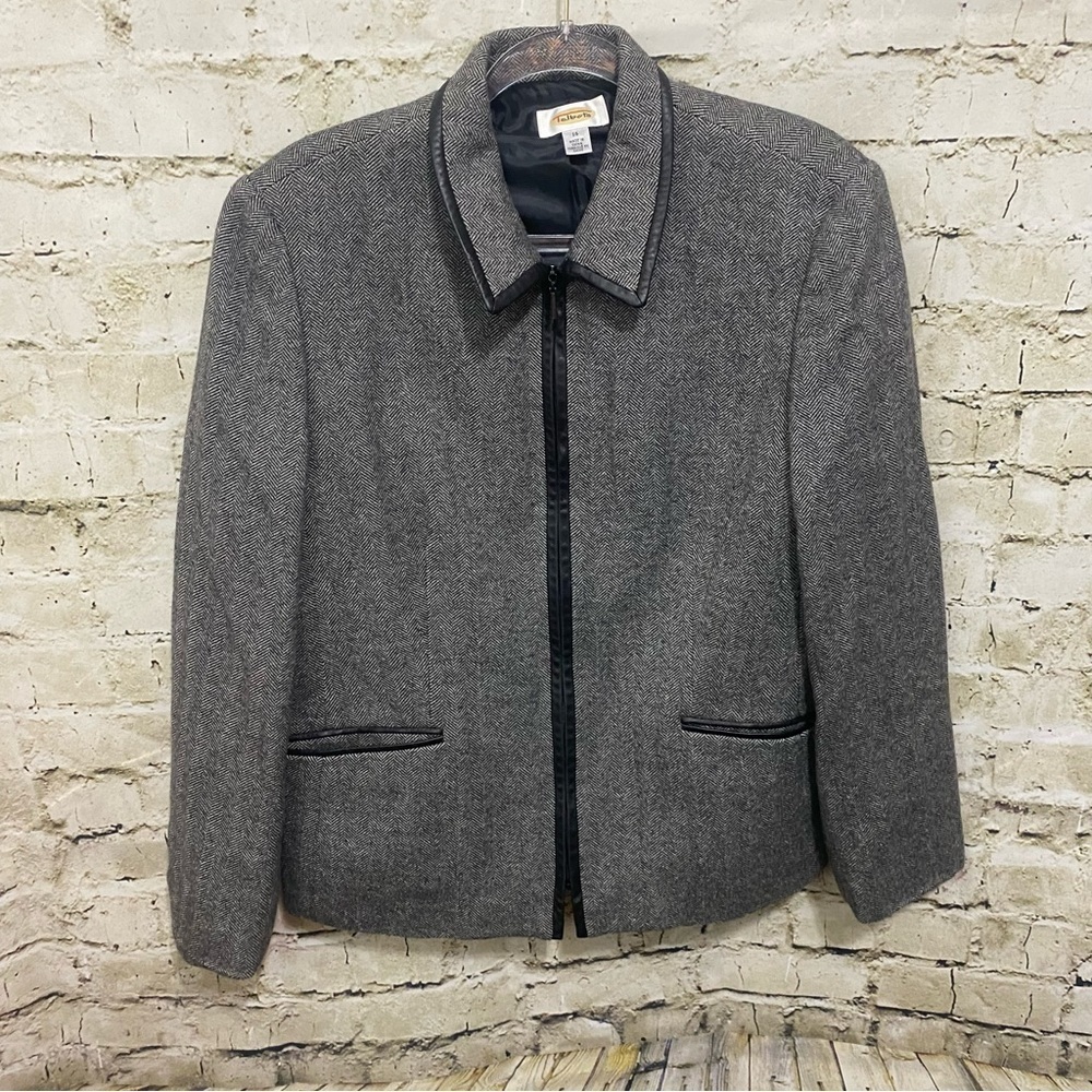 Talbots Black White Herringbone Wool Zip Up Blazer Jacket
